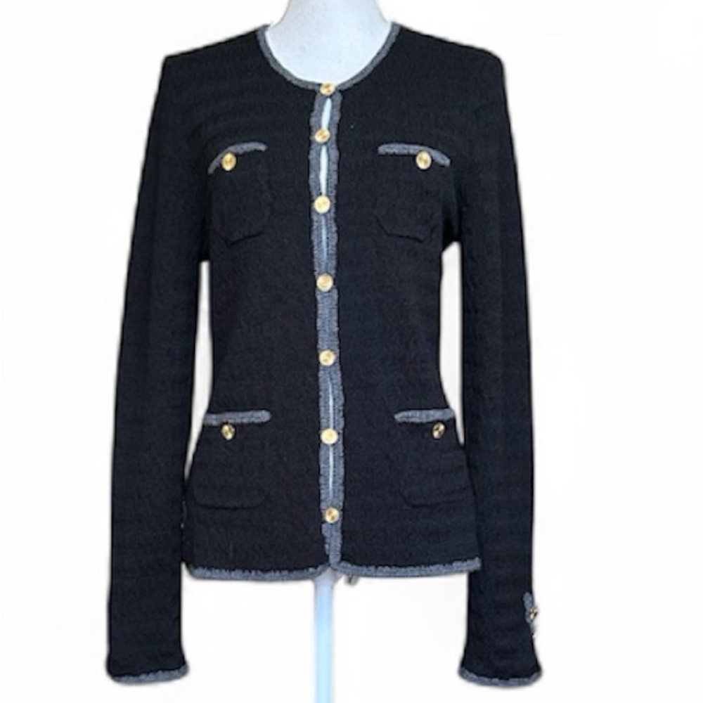 Trina Turk Vermouth Black Cable Knit Gold Button Cardigan Size M/L